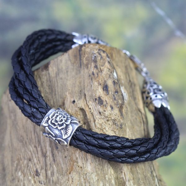 Gelang Perak Leather Hitam Jalin B230