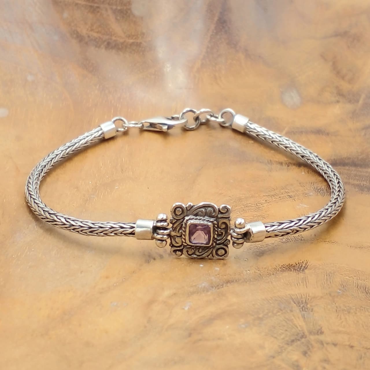 Gelang Perak Ukiran Kotak Amethyst B705 - Gambar 3