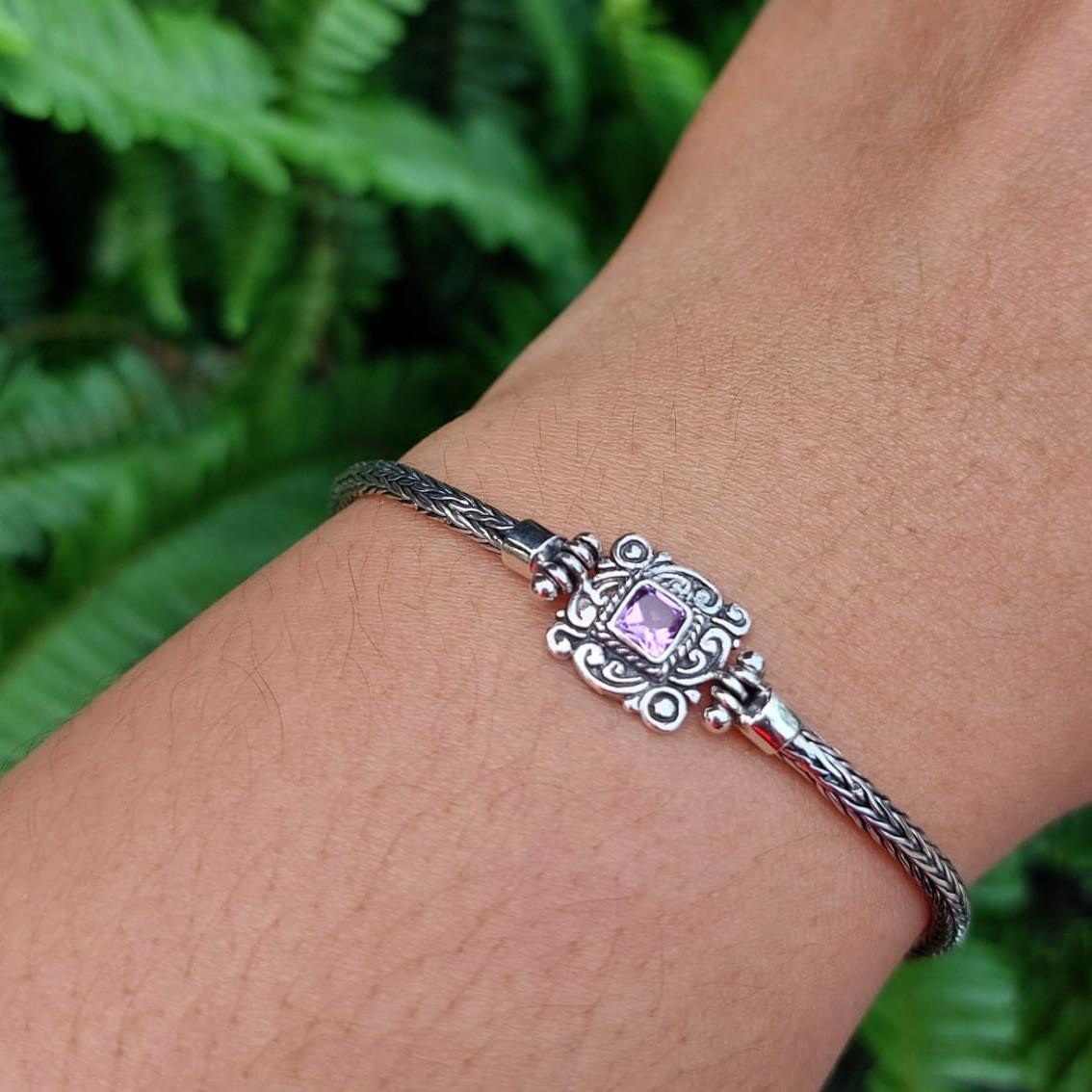 Gelang Perak Ukiran Kotak Amethyst B705 - Gambar 6